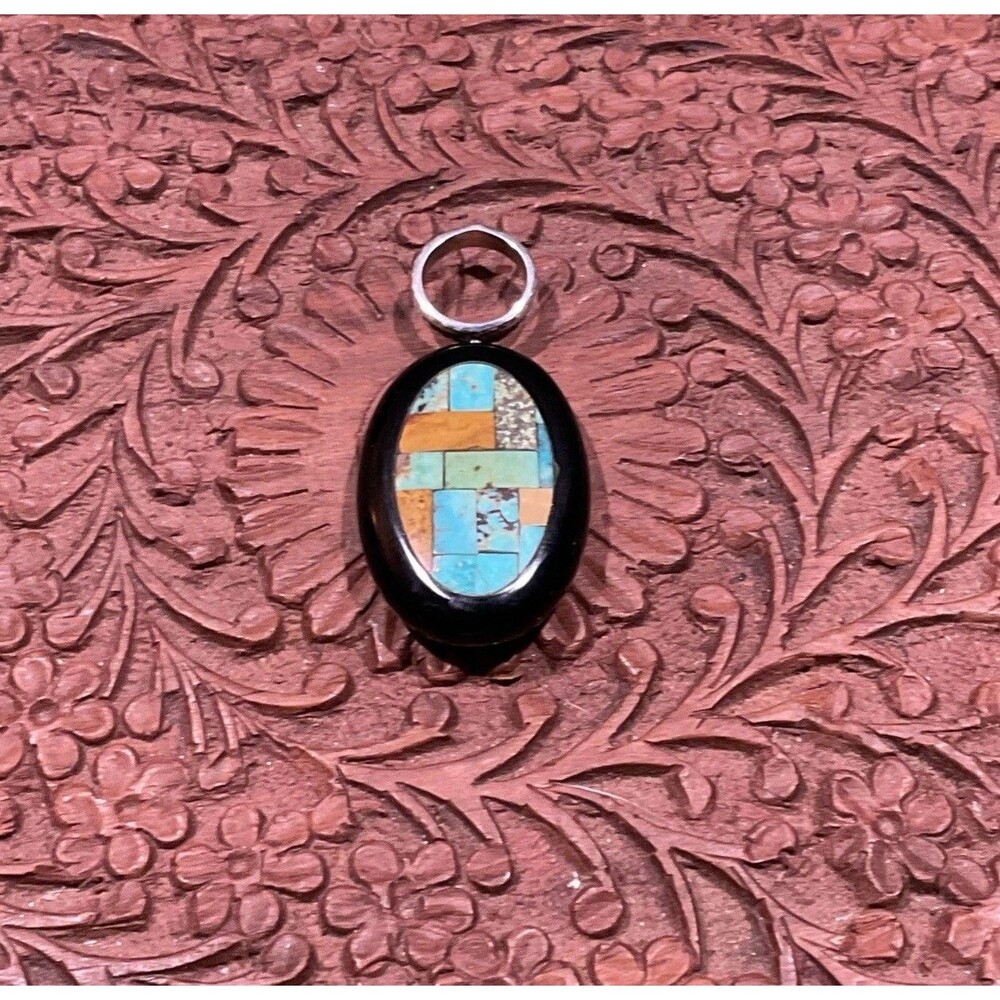 Sterling Silver Jay King DTR Inlaid Onyx Pendant Signed 2” Southwestern Style